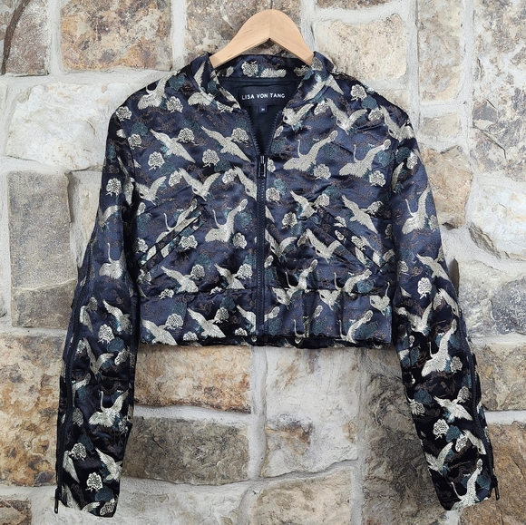 Lisa Von Tang Stork Crane Jacquard Brocade Cropped Jacket Coat - Picture 2 of 11